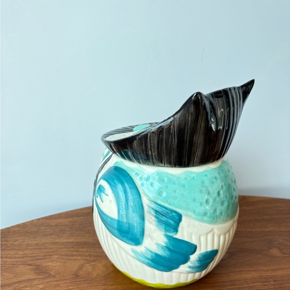 Charming Ceramic Anthropologie Bubo Owl Cookie Jar with Teal and Black Accents - Picture 3 of 13